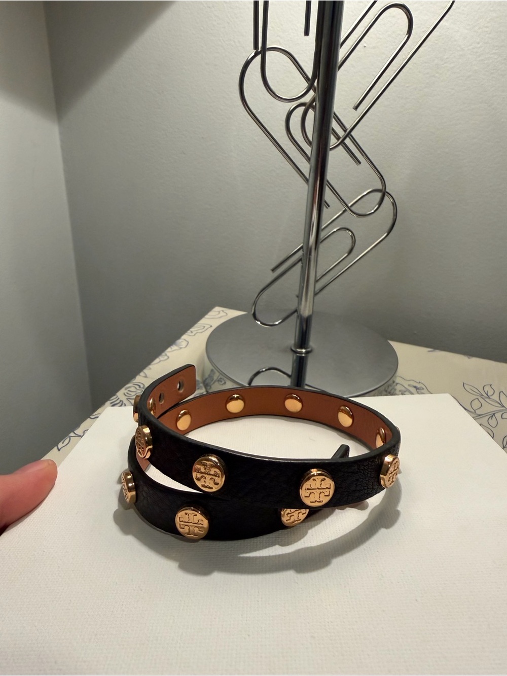 Tory Burch Black Leather Double Wrap Bracelet Gold Studs